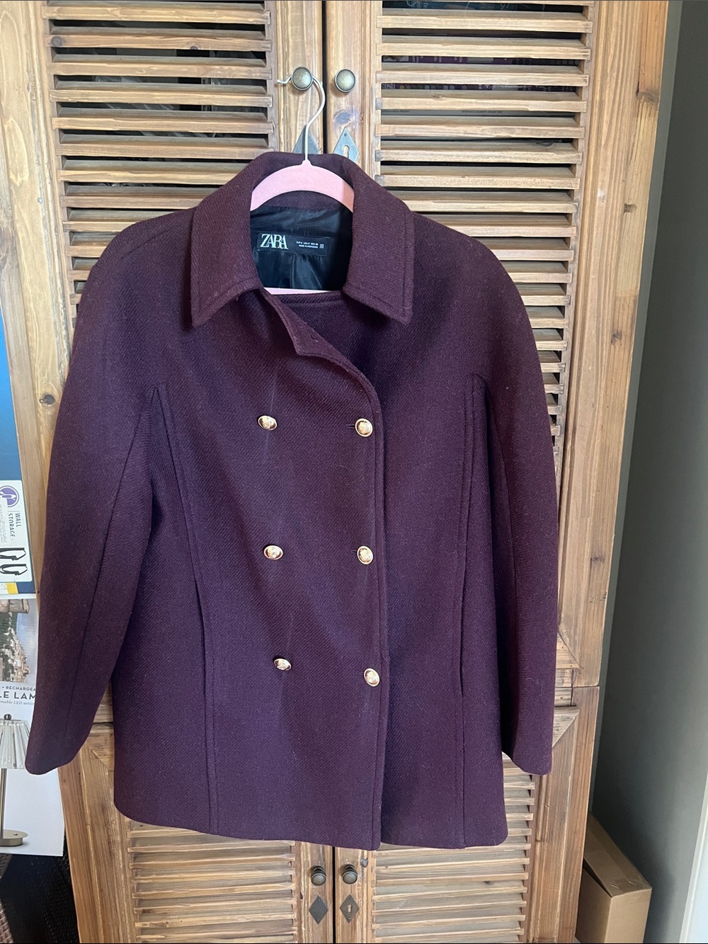 Zara Plum Double-Breasted Wool Peacoat with Gold Buttons